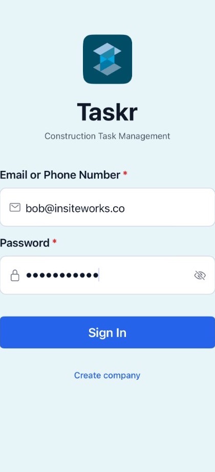 Taskr sign-in screen