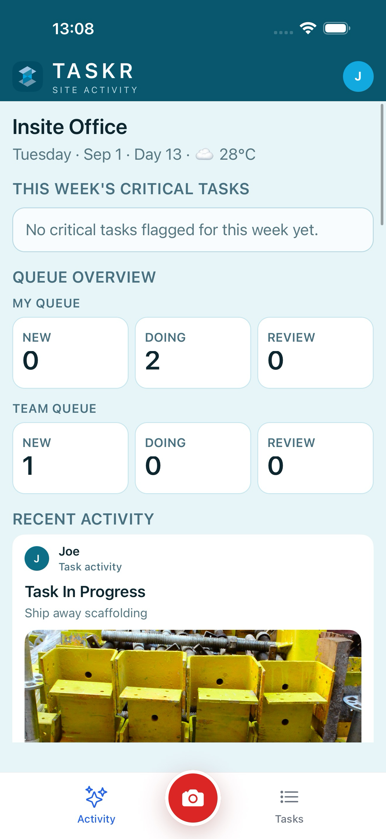 Taskr Site Activity feed with photo-backed progress
